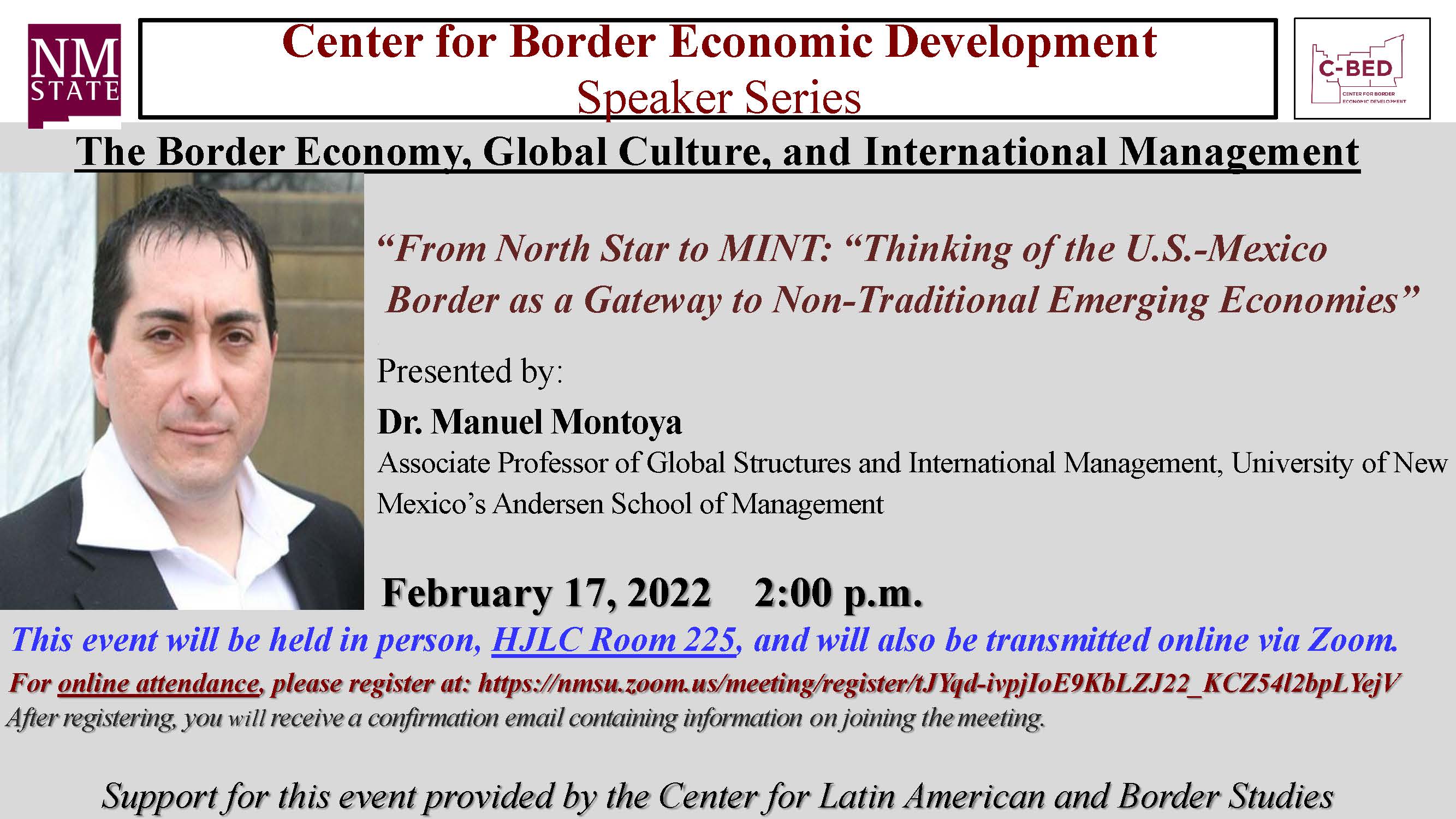 Flyer for the Border Economy, Global Culture, and International Management speaker series.